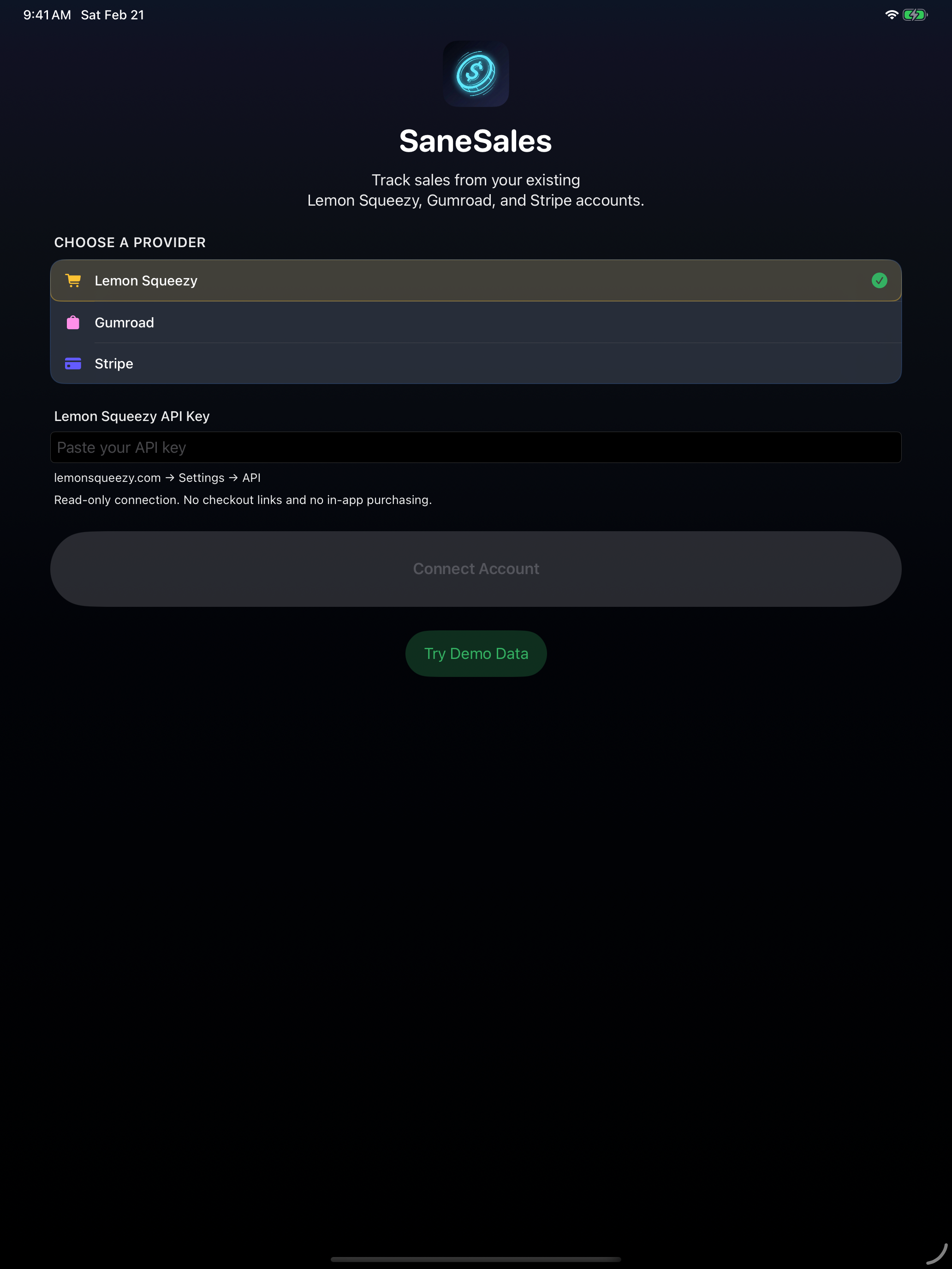 SaneSales iPad onboarding