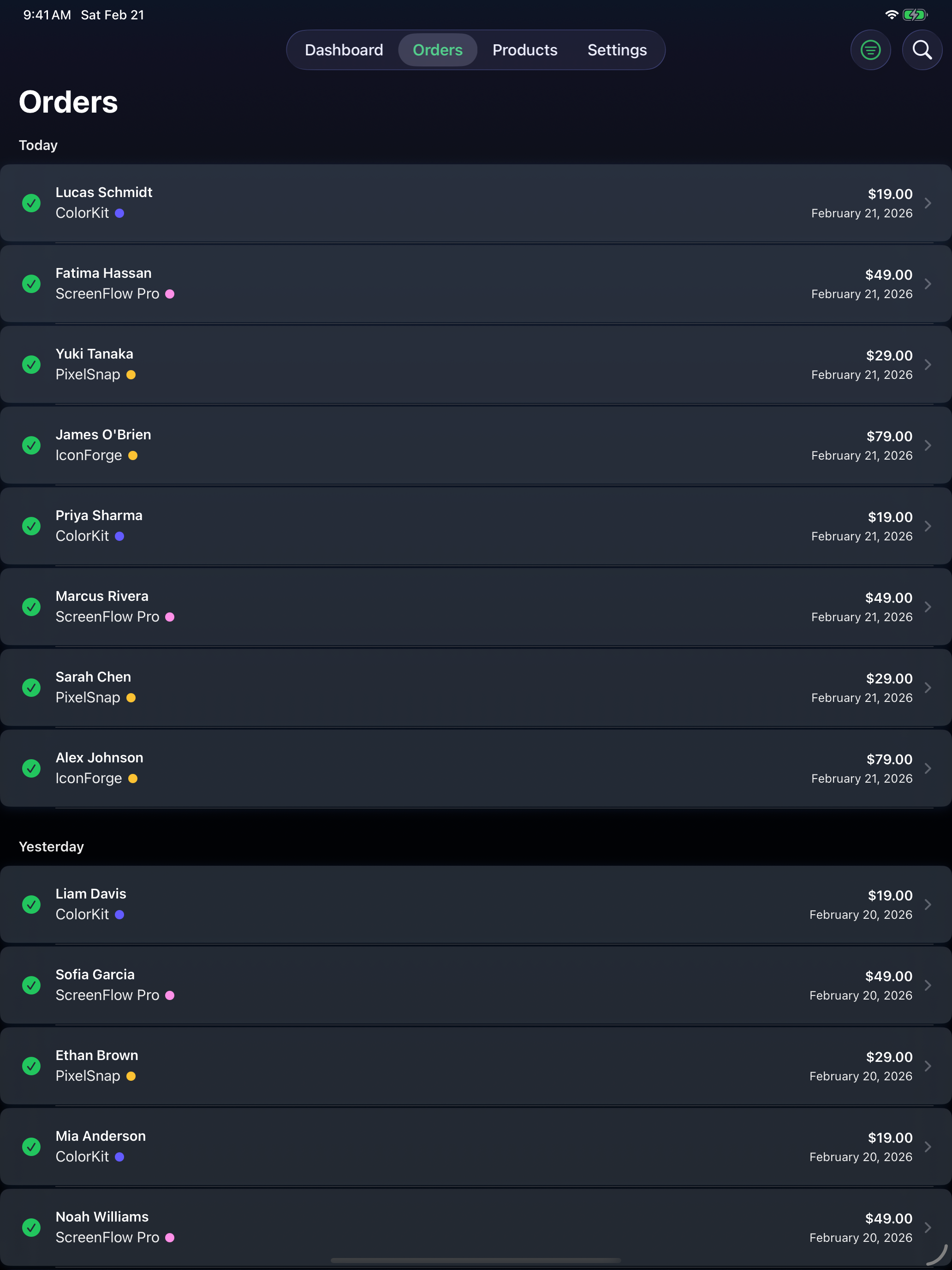 SaneSales iPad order list